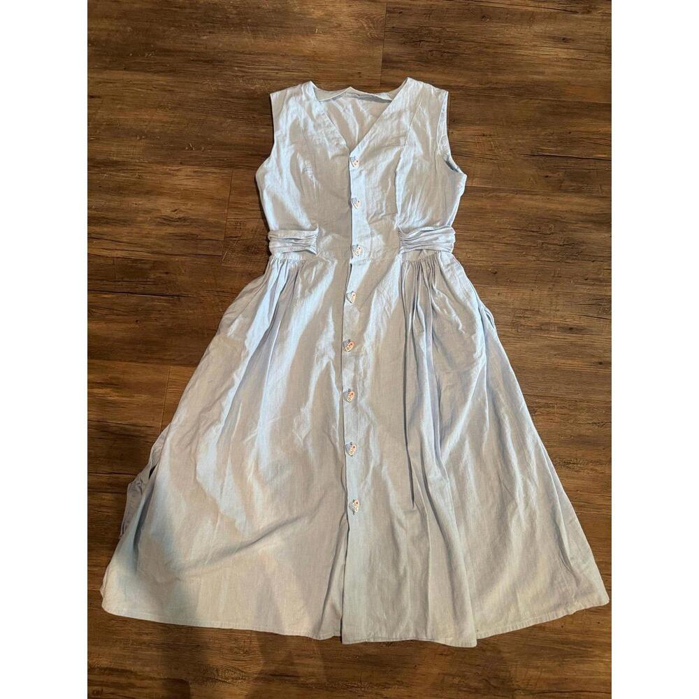 Vintage Handmade Denim Heart Button Midi Dress Sz M EUC